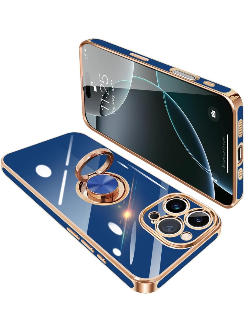 جراب iPhone 16 ProMax قابل للدوران 360 درجة، حامل حلقي، يدعم حامل السيارة المغناطيسي، طلاء ذهبي لامع، نحيف، ناعم، غطاء متين مقاوم للصدمات، مصنوع من مادة TPU - أزرق - Image 5