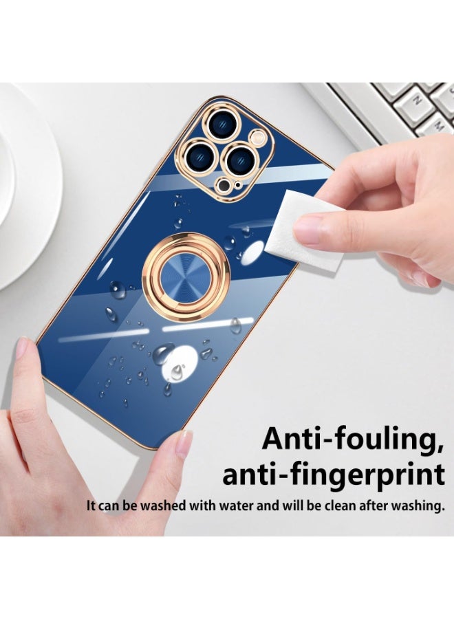 جراب iPhone 16 ProMax قابل للدوران 360 درجة، حامل حلقي، يدعم حامل السيارة المغناطيسي، طلاء ذهبي لامع، نحيف، ناعم، غطاء متين مقاوم للصدمات، مصنوع من مادة TPU - أزرق - Image 3