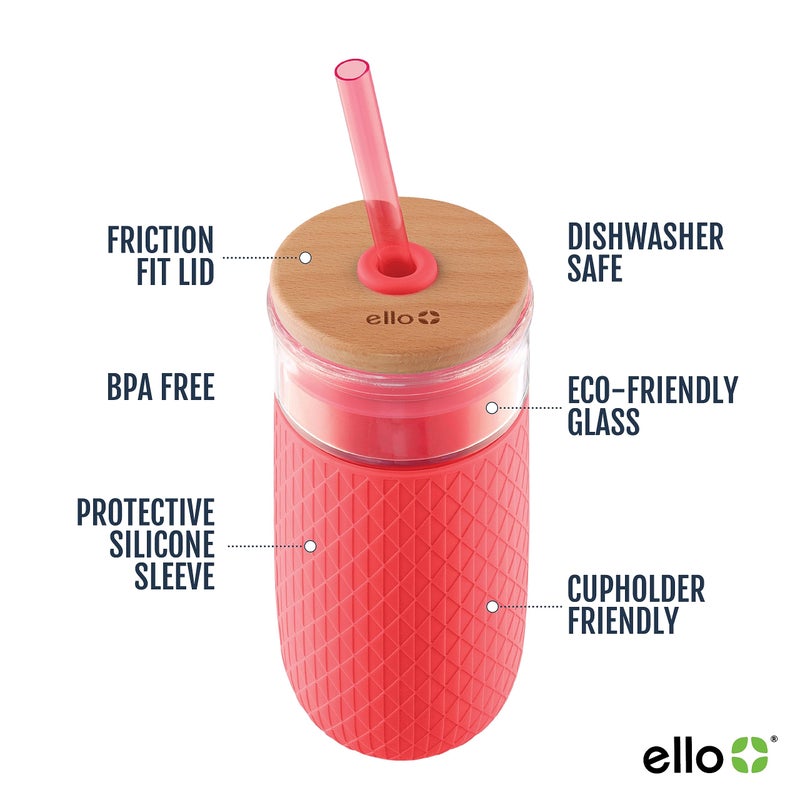 Ello Devon Glass Tumbler with Splash Proof Wooden Lid and Straw  Protective No Sweat Silicone Sleeve  Perfect for Smoothies and Iced Coffee  BPA Free  Dishwasher Safe  18oz - Image 2