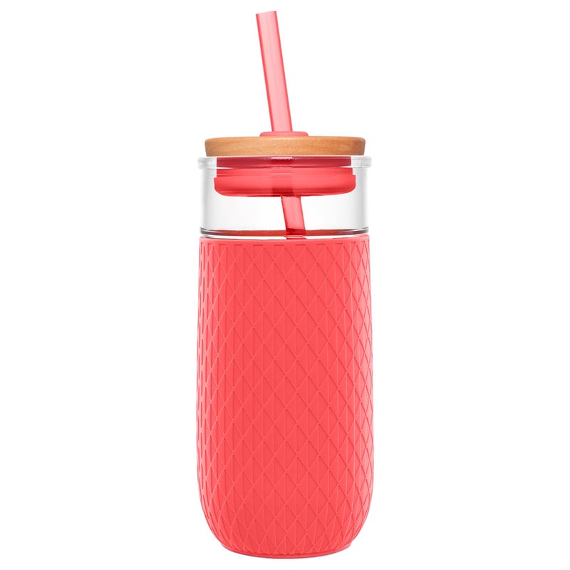 Ello Devon Glass Tumbler with Splash Proof Wooden Lid and Straw  Protective No Sweat Silicone Sleeve  Perfect for Smoothies and Iced Coffee  BPA Free  Dishwasher Safe  18oz - Image 1