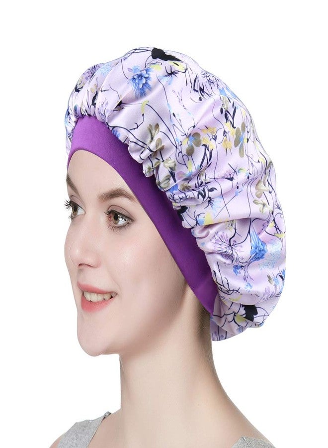 Alnorm Chemo Cap Silk Nightcap for Women Wide Band Satin Bonnet for Hair Beauty Purple Floral - Image 1