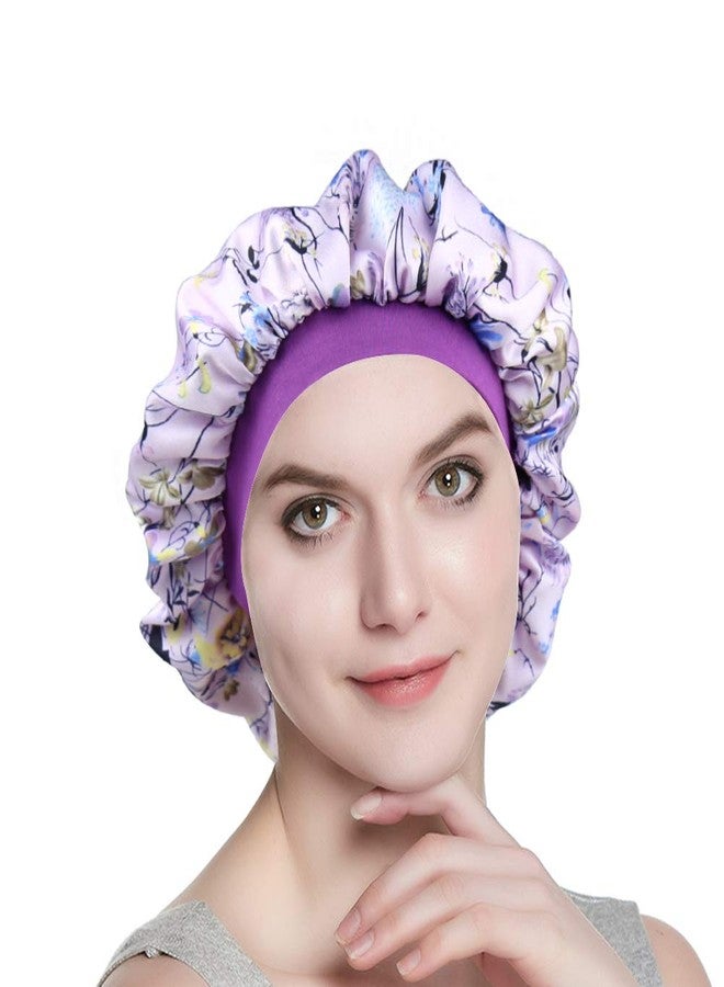 Alnorm Chemo Cap Silk Nightcap for Women Wide Band Satin Bonnet for Hair Beauty Purple Floral - Image 3