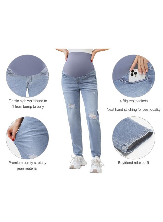 POSHGLAM Women's Maternity Jeans Over Belly Comfy Stretch 28'' Boyfriend Jeans Loose Pregnancy Pants, S-XXL, A09 Dusty Blue 28, L - Image 2