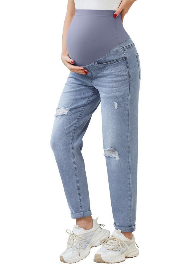 POSHGLAM Women's Maternity Jeans Over Belly Comfy Stretch 28'' Boyfriend Jeans Loose Pregnancy Pants, S-XXL, A09 Dusty Blue 28, L - Image 1