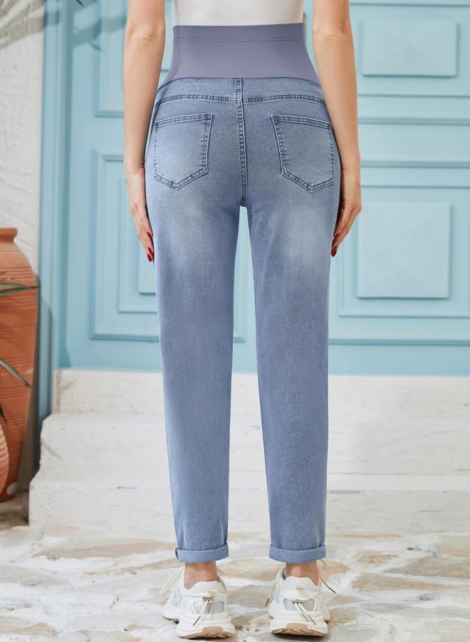 POSHGLAM Women's Maternity Jeans Over Belly Comfy Stretch 28'' Boyfriend Jeans Loose Pregnancy Pants, S-XXL, A09 Dusty Blue 28, L - Image 5
