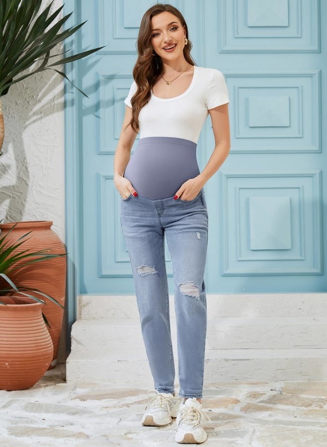 POSHGLAM Women's Maternity Jeans Over Belly Comfy Stretch 28'' Boyfriend Jeans Loose Pregnancy Pants, S-XXL, A09 Dusty Blue 28, L - Image 4