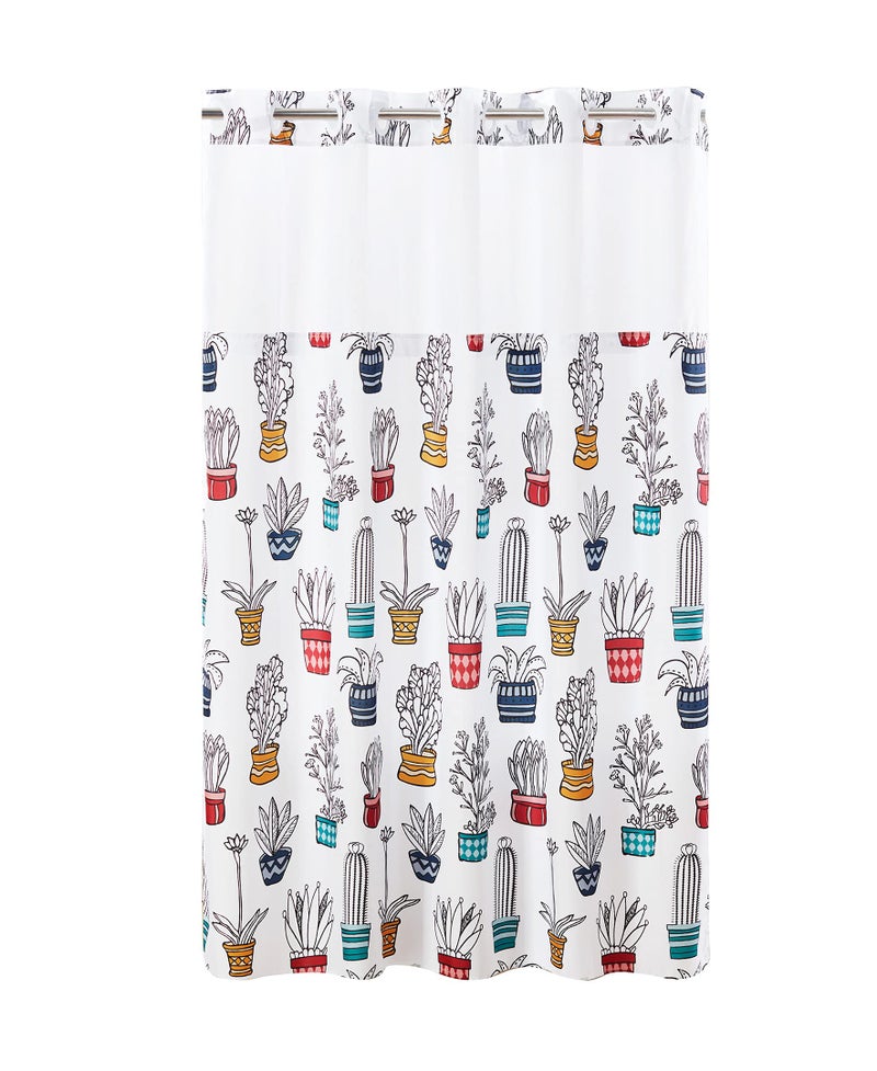 Hookless Cactus Print Fabric Shower Curtain Set with PEVA Snapin Liner No Hooks Required Machine Wash Stamdard Size Measures 71 x 74