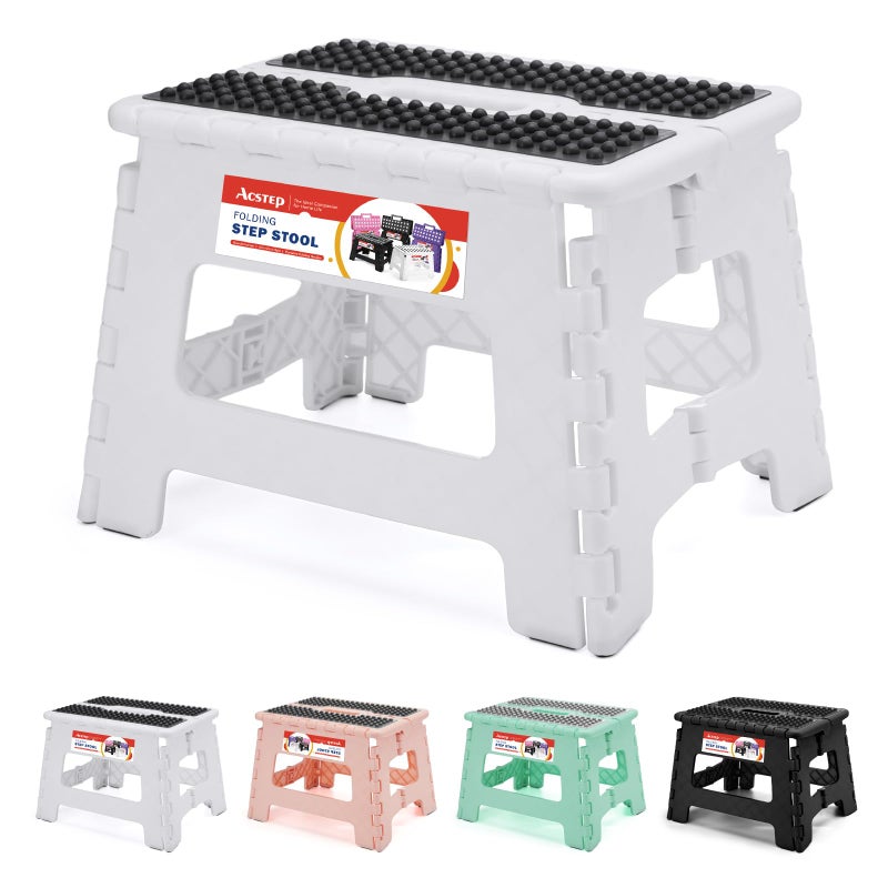 ACSTEP 9 Inch Folding Step Stool 300 LB Capacity Non Slip Foot Stool with Handle Plastic Foldable Step Stools for Kids Stepping Stool for Bathroom Kitchen Small Step Stool (1 PC White) - Image 1