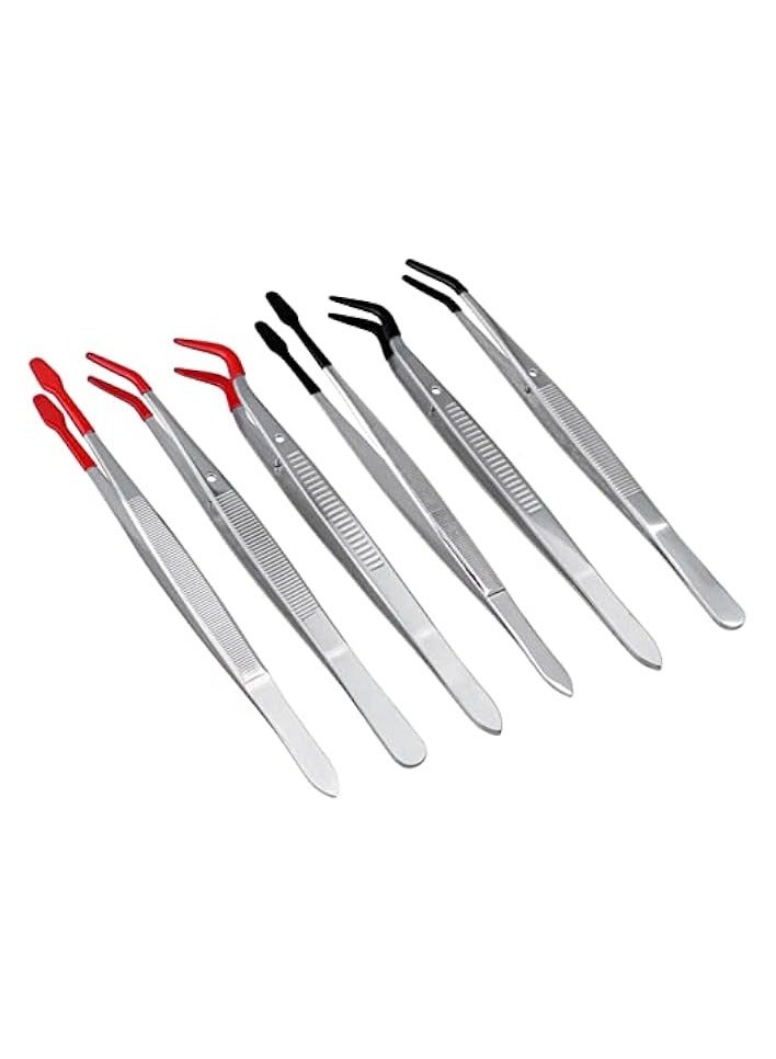 PROMASS 6Pcs Rubber Tipped Tweezers Long Tweezers with PVC Coated Straight Flat Curved Tips Tweezers for Stamp Coins Jewelry Crafts Electronic Tweezers Tools - Image 1