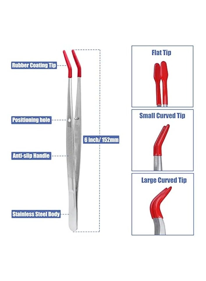 PROMASS 6Pcs Rubber Tipped Tweezers Long Tweezers with PVC Coated Straight Flat Curved Tips Tweezers for Stamp Coins Jewelry Crafts Electronic Tweezers Tools - Image 4