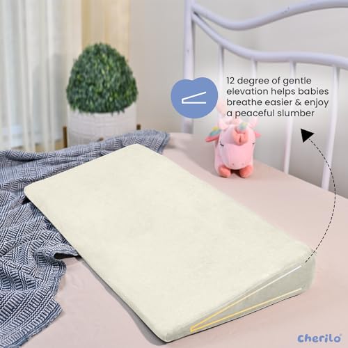 Cherilo Full Size Elevated Wedge Pillow for Baby Crib & Mattress, Helps to Elevate Baby for Acid Reflux, Colic, GERD, Heat Burn & Vomiting | 28" x 14" x 3" | - with Removable Velvet Cover - Cream - Image 3