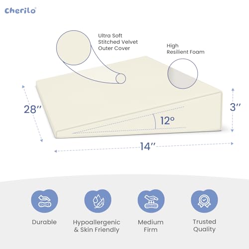Cherilo Full Size Elevated Wedge Pillow for Baby Crib & Mattress, Helps to Elevate Baby for Acid Reflux, Colic, GERD, Heat Burn & Vomiting | 28" x 14" x 3" | - with Removable Velvet Cover - Cream - Image 4