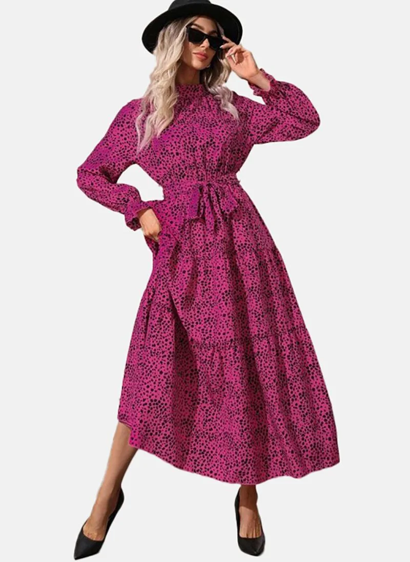 يونيكي Pink Basic Animal Print Crew Neck Long Sleeve Dress