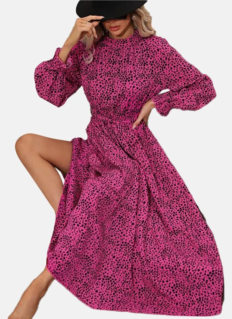 يونيكي Pink Basic Animal Print Crew Neck Long Sleeve Dress