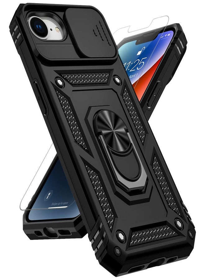 PUSHIMEI for iPhone 16E Case, with Slide Camera Cover HD Screen Protector [Military Grade 16ft. Drop Tested] Magnetic Ring Holder Kickstand Protective Phone Case for Apple iPhone 16E / SE 2025 / SE4, Black - Image 1