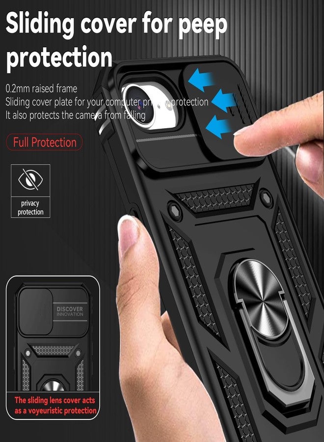 PUSHIMEI for iPhone 16E Case, with Slide Camera Cover HD Screen Protector [Military Grade 16ft. Drop Tested] Magnetic Ring Holder Kickstand Protective Phone Case for Apple iPhone 16E / SE 2025 / SE4, Black - Image 3