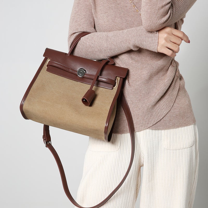 Bag Women'S Bag New 2024 Canvas Kelly Bag Stitching Large Capacity Fashionable Shoulder Crossbody Portable Contrast Color Large Bag - Image 3