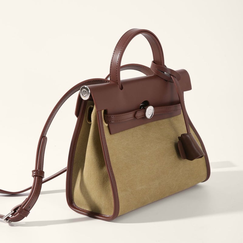 Bag Women'S Bag New 2024 Canvas Kelly Bag Stitching Large Capacity Fashionable Shoulder Crossbody Portable Contrast Color Large Bag - Image 5