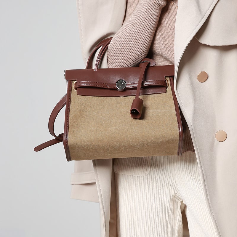 Bag Women'S Bag New 2024 Canvas Kelly Bag Stitching Large Capacity Fashionable Shoulder Crossbody Portable Contrast Color Large Bag - Image 2