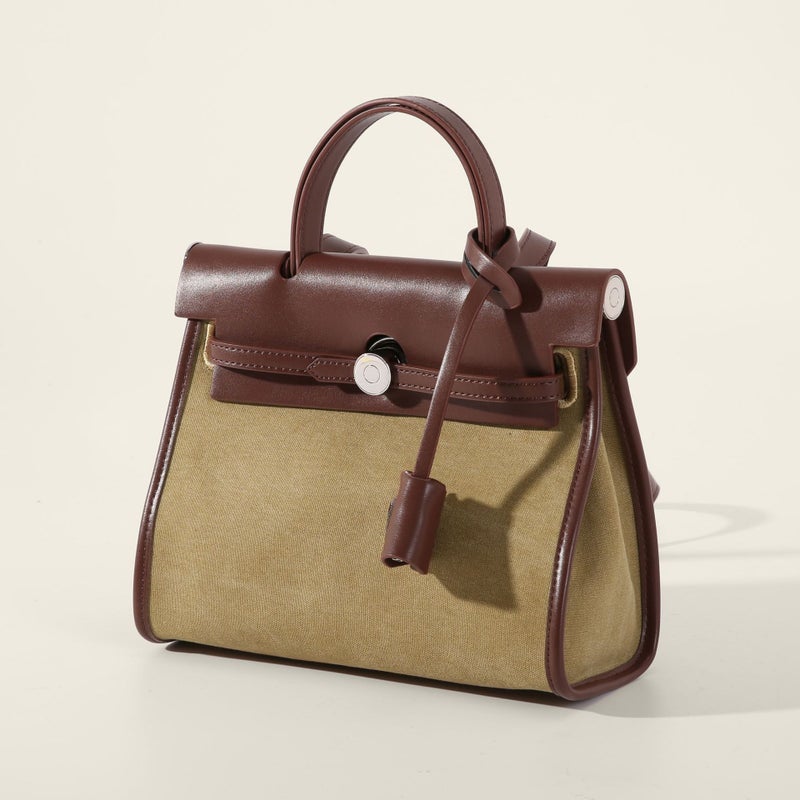 Bag Women'S Bag New 2024 Canvas Kelly Bag Stitching Large Capacity Fashionable Shoulder Crossbody Portable Contrast Color Large Bag - Image 4