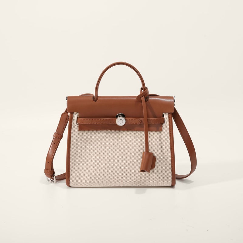 Bag Women'S Bag New 2024 Canvas Kelly Bag Stitching Large Capacity Fashionable Shoulder Crossbody Portable Contrast Color Large Bag - Image 1