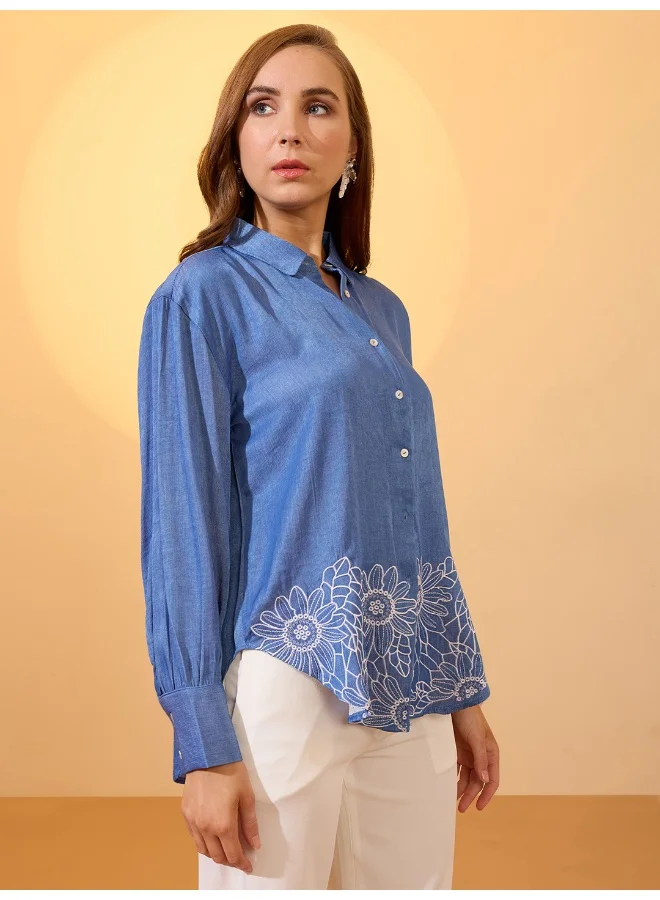 globus Globus Women Navy Blue Floral Embroidered Collared Neck Cuffed Sleeves Resort Shirt
