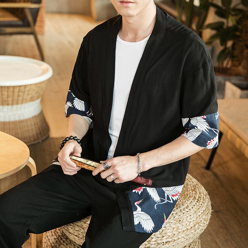 Chinese Style Robe Men'S 2019 Arrival Seven-Point Sleeve Short Trench Coat Hanfu Men'S Loose Cotton And Linen Cardigan For Men - Image 4