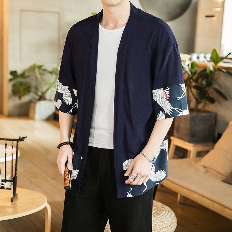 Chinese Style Robe Men'S 2019 Arrival Seven-Point Sleeve Short Trench Coat Hanfu Men'S Loose Cotton And Linen Cardigan For Men - Image 1
