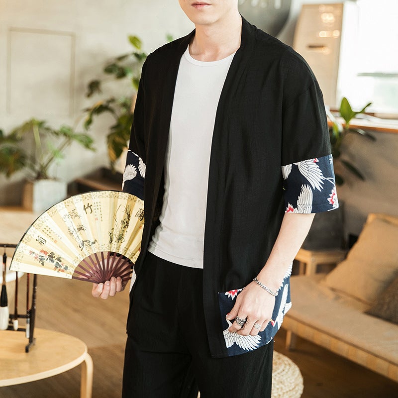 Chinese Style Robe Men'S 2019 Arrival Seven-Point Sleeve Short Trench Coat Hanfu Men'S Loose Cotton And Linen Cardigan For Men - Image 3