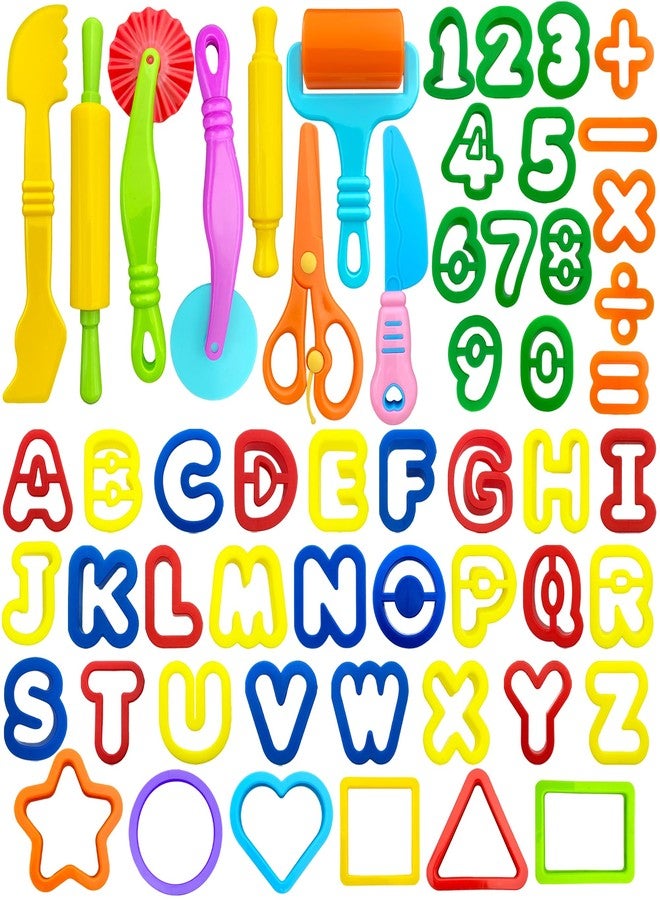 iShyan Dough Tools 55 PCS Dough Play Tools Set for Kids, Plastic Alphabet Numbers Shapes Cutters, Rollers, Scissors - Image 1