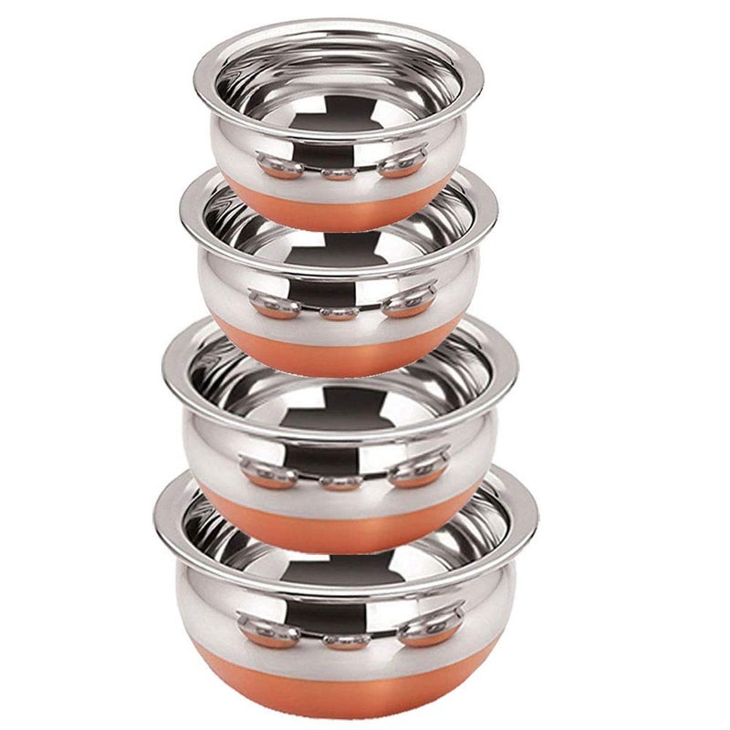 RJ kitchenware Store Serving Handi 5 Pcs. Set - Copper Bottom 400ml, 700ml, 1000ml, 1200 ml, 1500 ml. Stainless Steel Cooking Pot Biryani Punjabi Kitchen Serving, Bowl (5-Pieces) Stainless Steel Serving Handi Pack of 5 Stainless steel and copper combo set - Image 4