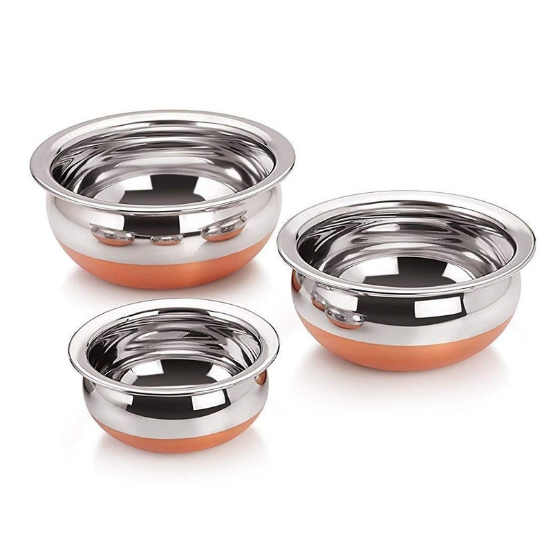 RJ kitchenware Store Serving Handi 5 Pcs. Set - Copper Bottom 400ml, 700ml, 1000ml, 1200 ml, 1500 ml. Stainless Steel Cooking Pot Biryani Punjabi Kitchen Serving, Bowl (5-Pieces) Stainless Steel Serving Handi Pack of 5 Stainless steel and copper combo set - Image 2