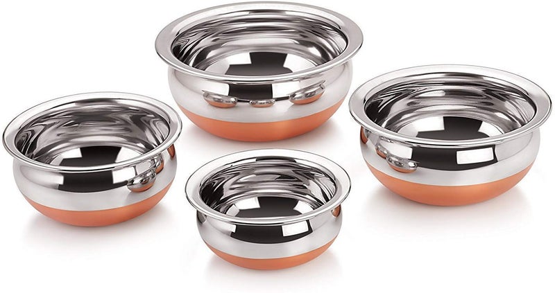 RJ kitchenware Store Serving Handi 5 Pcs. Set - Copper Bottom 400ml, 700ml, 1000ml, 1200 ml, 1500 ml. Stainless Steel Cooking Pot Biryani Punjabi Kitchen Serving, Bowl (5-Pieces) Stainless Steel Serving Handi Pack of 5 Stainless steel and copper combo set - Image 3