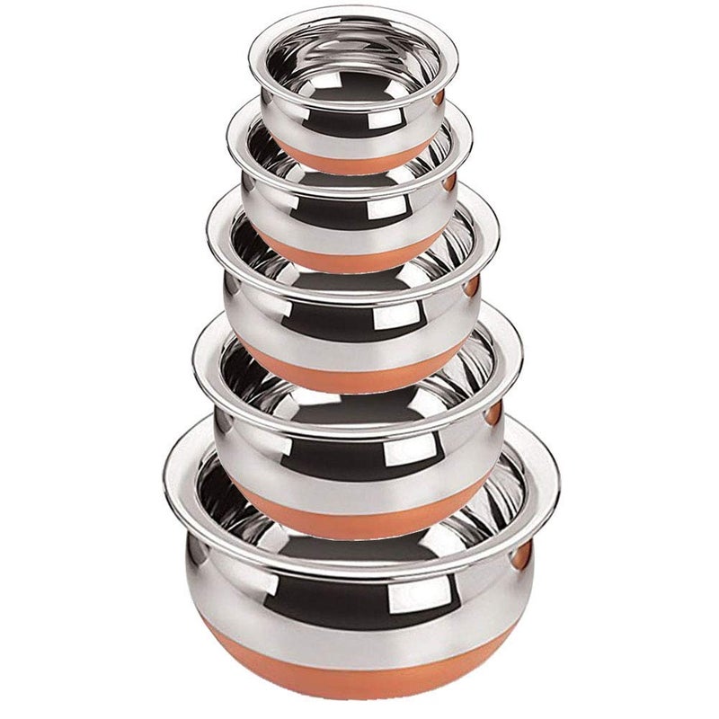 RJ kitchenware Store Serving Handi 5 Pcs. Set - Copper Bottom 400ml, 700ml, 1000ml, 1200 ml, 1500 ml. Stainless Steel Cooking Pot Biryani Punjabi Kitchen Serving, Bowl (5-Pieces) Stainless Steel Serving Handi Pack of 5 Stainless steel and copper combo set - Image 1