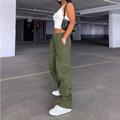 Lepunuo Cargo Pants for Women High Waisted Casual Pants Baggy Stretchy Wide Leg Y2K Streetwear with 6 Pockets Army Green - Image 3