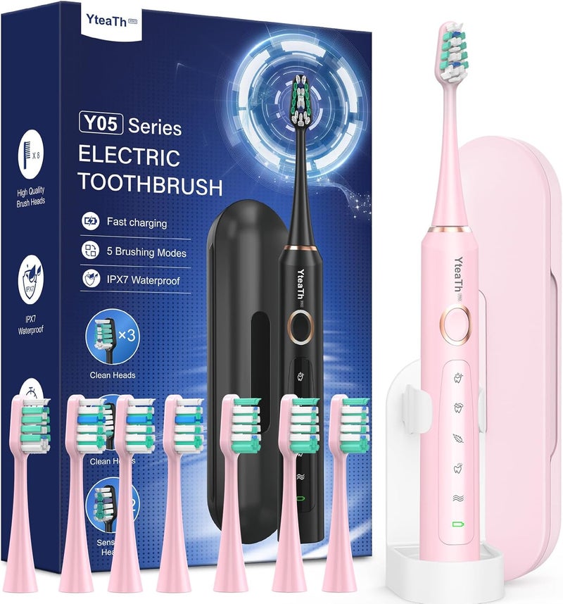 YTEATH PRO Electric Toothbrush Sonic Toothbrush for Adults and Children - Electric Toothbrush with 8 Brush Heads (3 Types) and 5 Modes. 90 Days Battery Life, 2 Minutes Smart Timer, Travel Case - Image 1