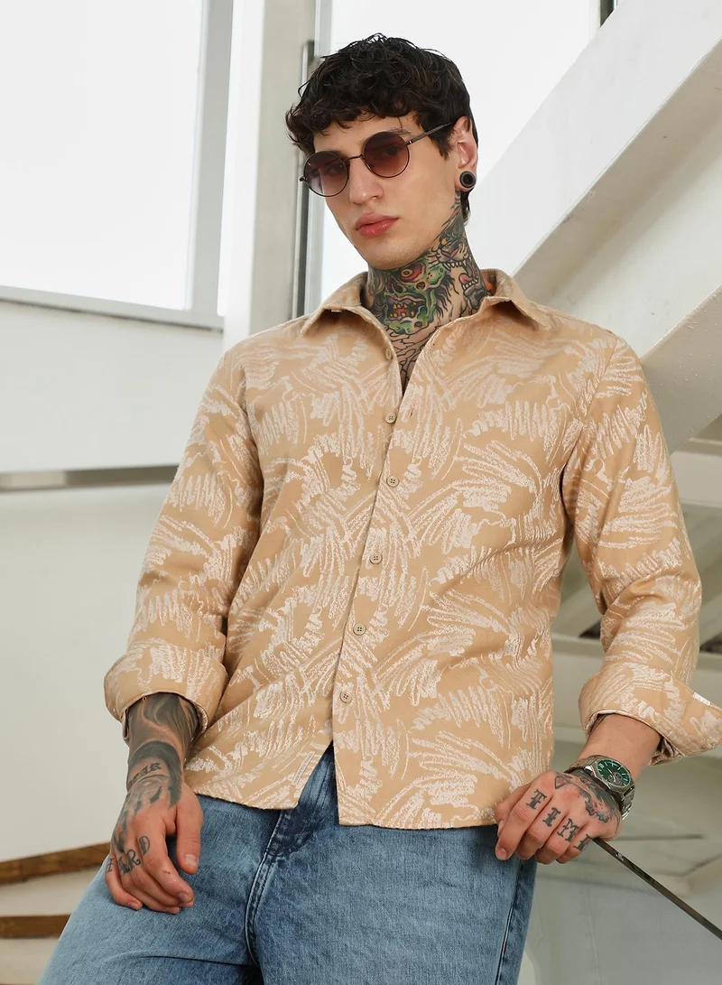 Campus Sutra Men's Beige Abstract Printed Full Sleeve Shirt | أكمام قصيرة | مطبوع | ملابس كاجوال ويومية | طوق منتشر