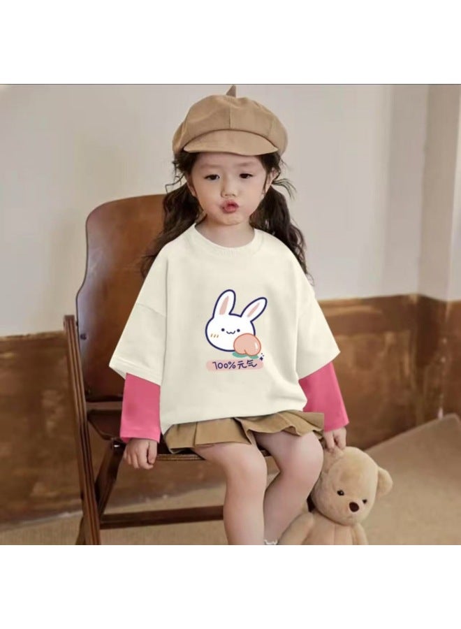 Girl's Long Sleeve T-shirt Spring/autumn New Style Children's Fake Two-piece T-shirt Big Kids Versatile Korean Style Outerwear Base Layer Shirt
