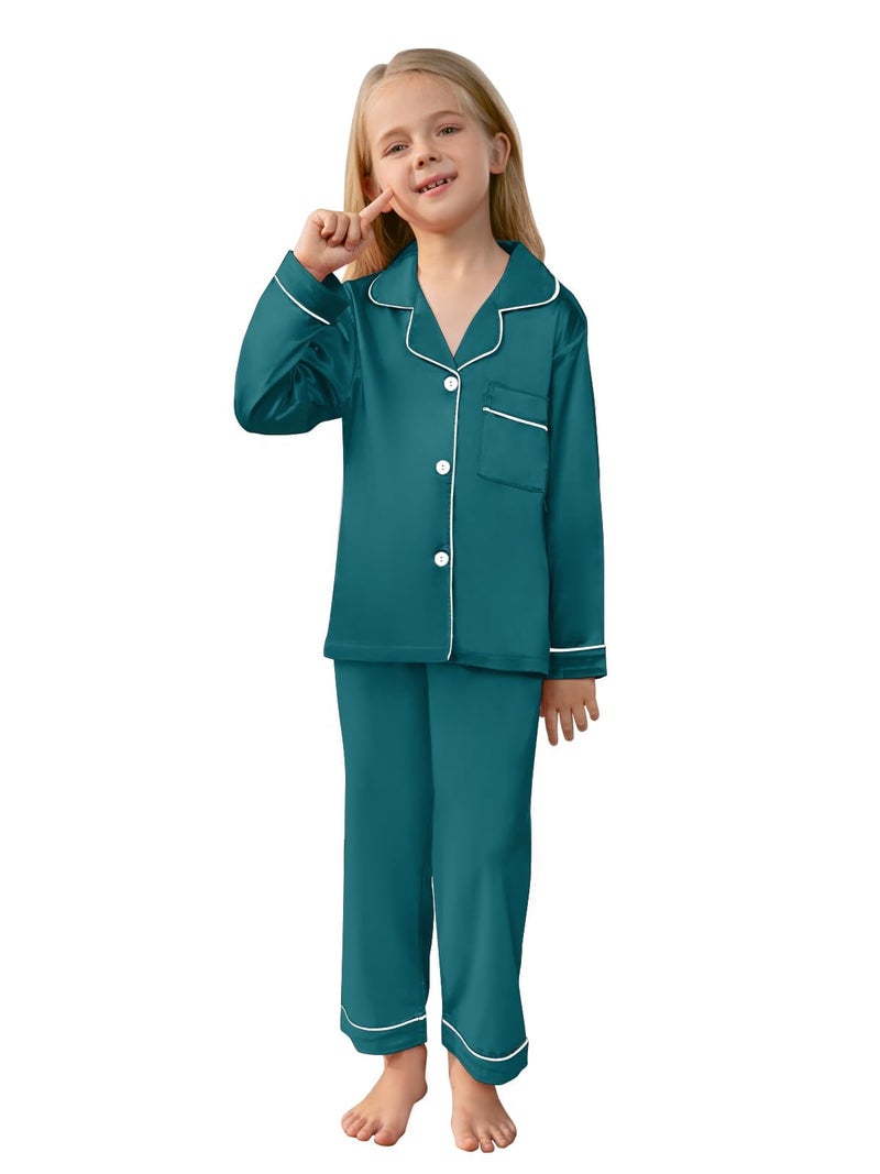 Schbbbta Family Matching Silk Pajamas Set Satin Long Sleeve Button Down Christmas Sleepwear Pj Set, Green, 9-10 Years - Image 2
