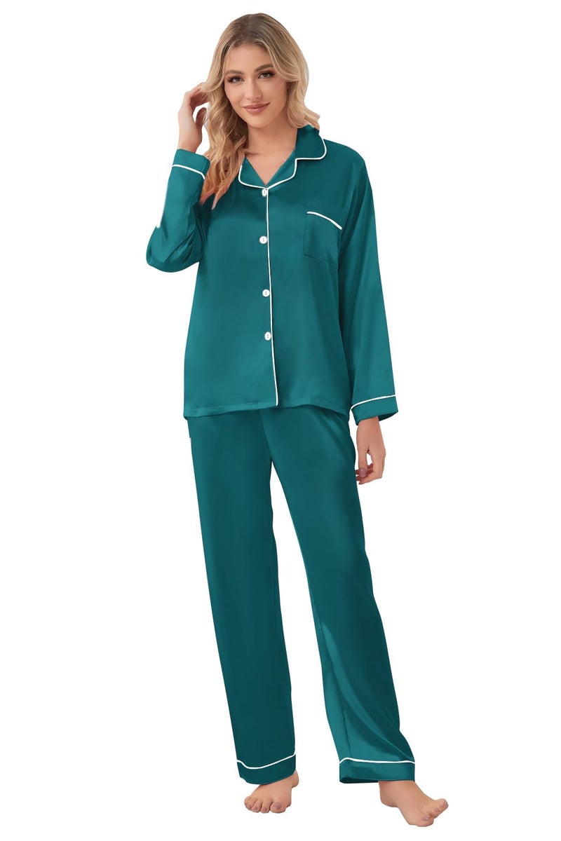 Schbbbta Family Matching Silk Pajamas Set Satin Long Sleeve Button Down Christmas Sleepwear Pj Set, Green, 9-10 Years - Image 4