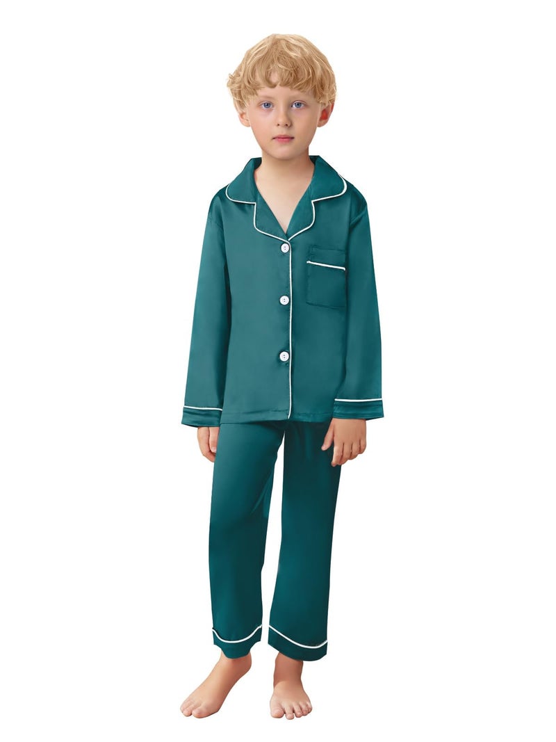 Schbbbta Family Matching Silk Pajamas Set Satin Long Sleeve Button Down Christmas Sleepwear Pj Set, Green, 9-10 Years - Image 3