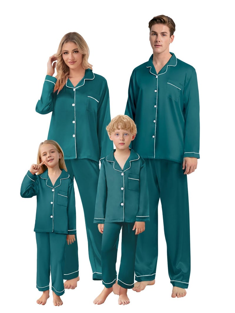 Schbbbta Family Matching Silk Pajamas Set Satin Long Sleeve Button Down Christmas Sleepwear Pj Set, Green, 9-10 Years - Image 1