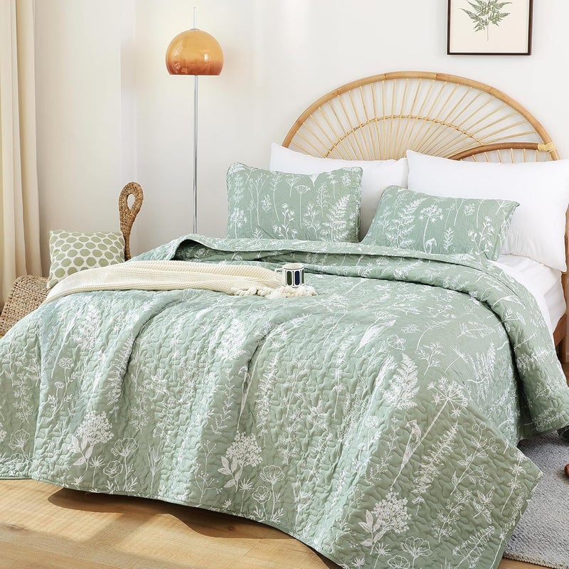 JANZAA Quilts Queen Size Sage Green Quilt Botanical with Floral Pattern Microfiber Bedspreads Queen Size 3 Pieces Lightweight Comforter Reversible Bedding Set with 2 Pillow Cases - Image 1