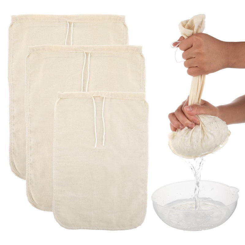 WLLHYF 3 Pack Cotton Nut Milk Bags Fine Mesh Reusable Cheese Cloth Food Yogurt Strainer Cheesecloth Bag Cold Brew Bags for Cheese Making Coffee Straining Juice Juicing