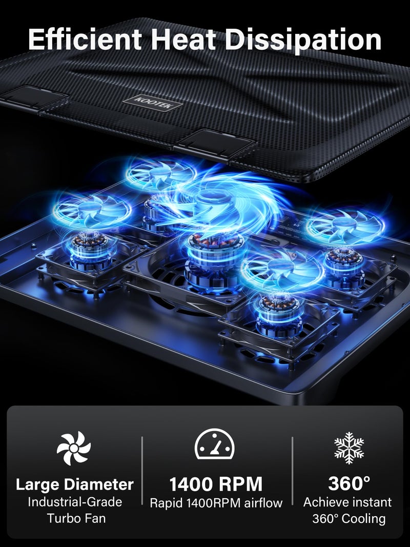 Kootek Laptop Cooling Pad, Laptop Cooler with 5 Quiet Fans for 12"-17" Computer PC Notebook Gaming Laptop Fan, Height Adjustable Laptop Cooling Stand Laptop Accessories, Blue - Image 2