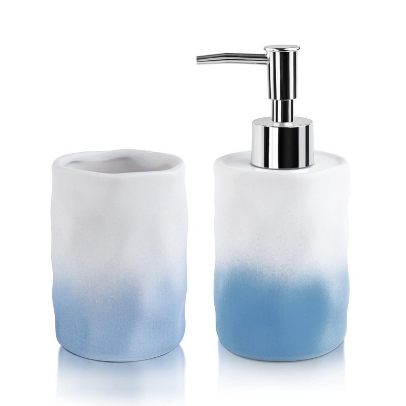 Birch & Co. Ceramic Soap Dispenser for Wash Basin - Handwash Dispenser Bottle - Leak-Proof Design with Silver Glossy BPA-Free Pump, Flowra, Blue with Holder,SoapDispenser_FlowraCombo_BlueHolder - Image 1
