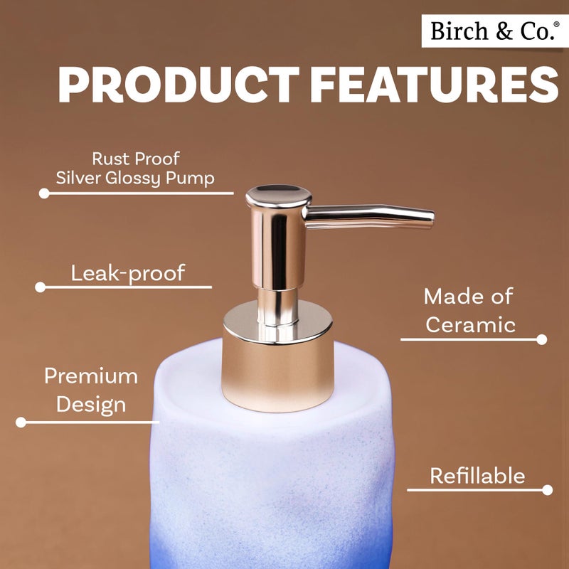 Birch & Co. Ceramic Soap Dispenser for Wash Basin - Handwash Dispenser Bottle - Leak-Proof Design with Silver Glossy BPA-Free Pump, Flowra, Blue with Holder,SoapDispenser_FlowraCombo_BlueHolder - Image 3
