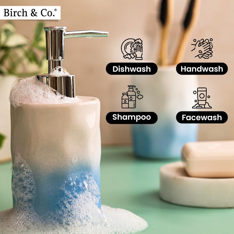 Birch & Co. Ceramic Soap Dispenser for Wash Basin - Handwash Dispenser Bottle - Leak-Proof Design with Silver Glossy BPA-Free Pump, Flowra, Blue with Holder,SoapDispenser_FlowraCombo_BlueHolder - Image 2