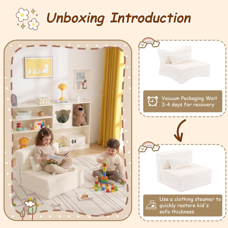Givjoy Folding Sofa Bed Beige Floor Mattress for Kids with Pillow, Toddler Washable Folded Floor Mat for Daycare, Child Fold Up Sofa Chair Bed with Storage Bag for Playroom, Camping, Girls and Boys - Image 5