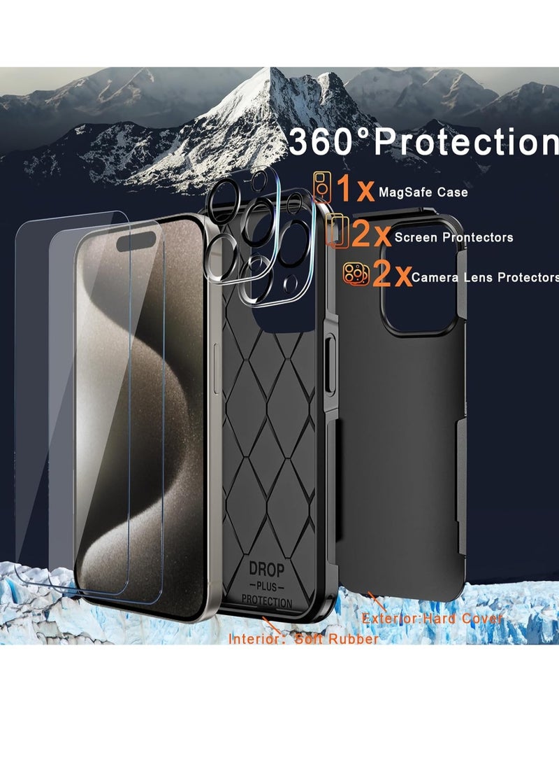 ELTRAZONE - 5 in1 Magnetic for iPhone 15 Pro Max Case Black with MagSafe - Military Grade Shockproof for iPhone 15 Pro Max Phone Case Cover, 2 Tempered Glass Screen Protector+2 Camera Lens Protector Accessory - Image 1